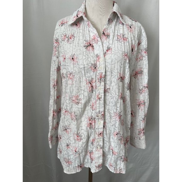 Apt. 9 Tops - apt.9 White w/ Coral/Brown Floral Embroidered Crinkle Textured Button-up Shirt
